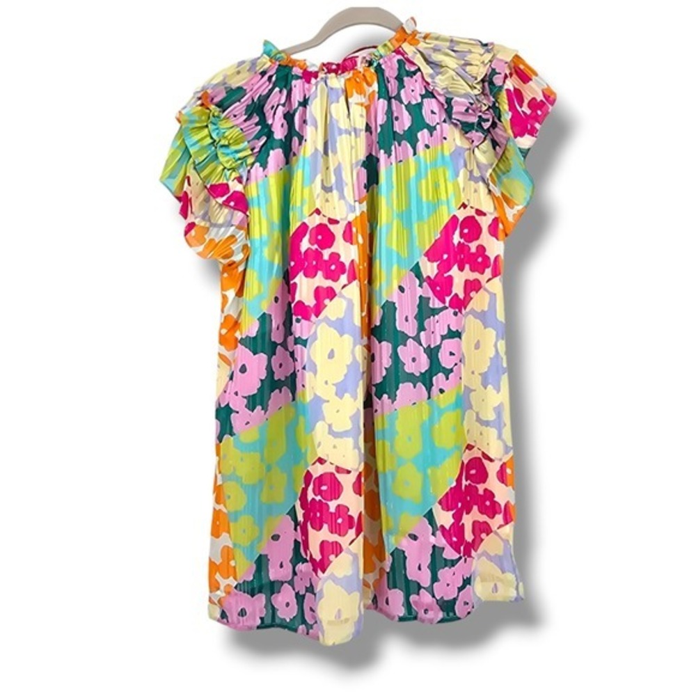 XL Floral A Line Blouse Ruffle‎ Sleeve Colorful Pleated Shiny Party Cocktail
